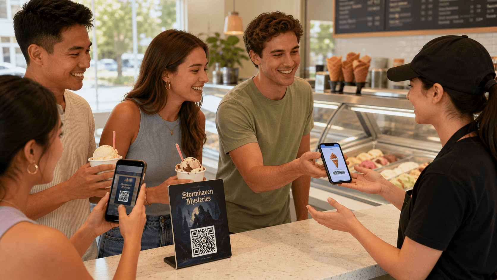 Friends scanning a Stormhaven sponsor clue and redeeming an ice cream reward